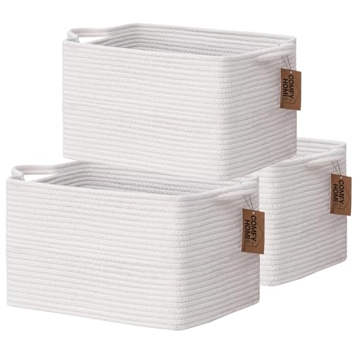 COMFY-HOMI 3PACK Cotton Rope Square Basket with Handles for Shelves| Storage|Baby Basket for GIF|Shoe Basket for Organizing|New13.5" x 11" x 9.5" for Living Room - color: All White, size: 3-13.5"X11"X9.5"