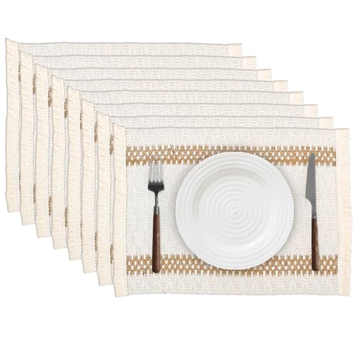 Niviy Boho Placemats Set of 8, 12x18 Inch Natural Cotton Burlap and Kitchen Woven Placemats with Tassels for Dining Table Centerpiece Thanksgiving Home Decorations - color: Beige & Brown, size: 12 x 18 Inches, Set of 8