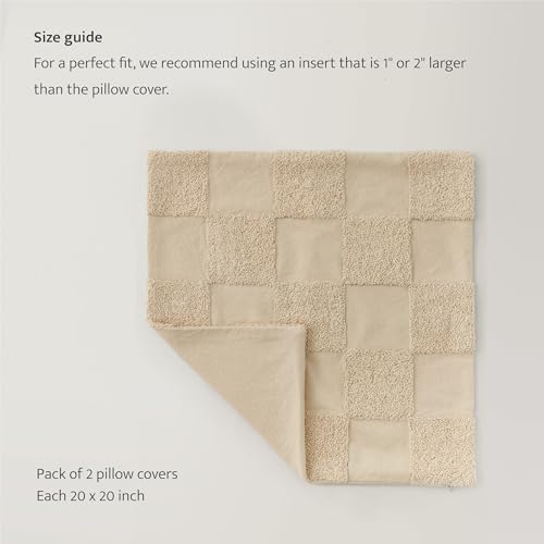 Double Stitch 100% Cotton Tufted Boho Checkered Throw Pillow Covers, Oat - color: Oat, size: 20" x 20" (Pack of 2)
