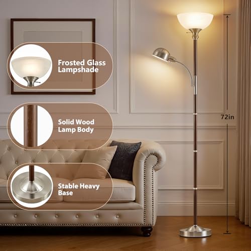 EJIAXIN 72" Wood Torchiere Floor Lamp with Glass Shade Walnut Standing Lamp - color: Dark Walnut