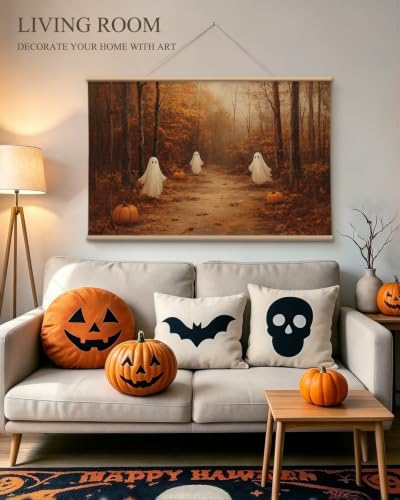 VIYYIEA Extra Large Halloween Fall Wall Art - Ghosts and Pumpkins, 36x54 - color: Halloween Woodland