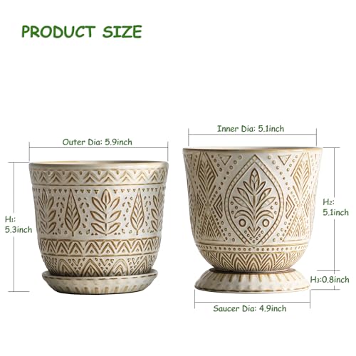Gepege Ceramic Plant Pots, 6 Inch Indoor Planters with Drainage & Saucers - color: White-b, size: 6 Inch - Set of 2