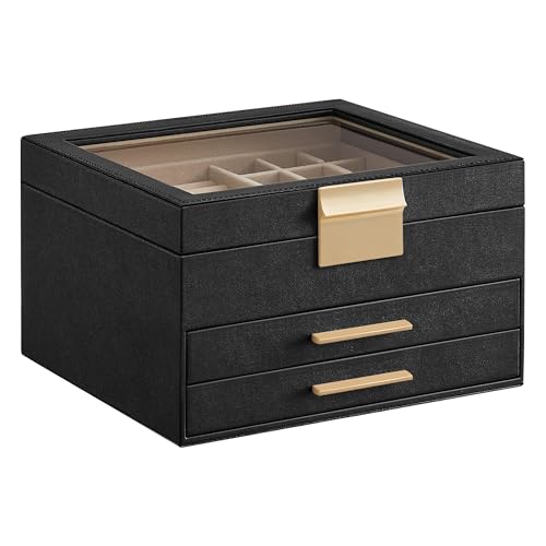 SONGMICS Jewelry Box Organizer, 3-Layer Storage with 2 Drawers, Glass Lid - color: Ink Black + Gold, size: 3 Layer (8"d X 9.1"w)