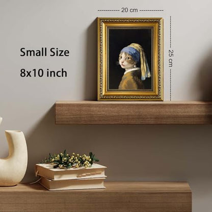 YD&YZY Pearl Earring Cat Wall Art 8x10 inch Small Gold Framed - color: Cat with a Pearl Earring, size: 10"L x 8"W