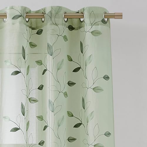 Bujasso Embroidered Leaf Sheer Curtains, Sage Green 38" Wx90 Lx2 - color: Sage Green, size: 38"W x 90"L (Pack of 2)