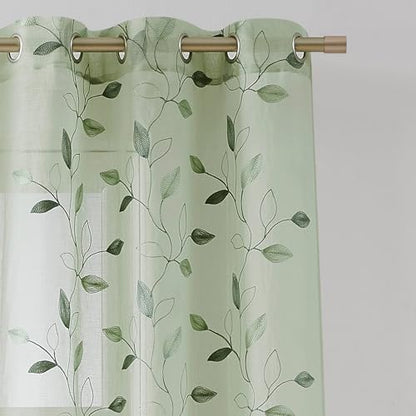 Bujasso Embroidered Leaf Sheer Curtains, Sage Green 38" Wx84 Lx2 - color: Sage Green, size: 38"W x 84"L (Pack of 2)