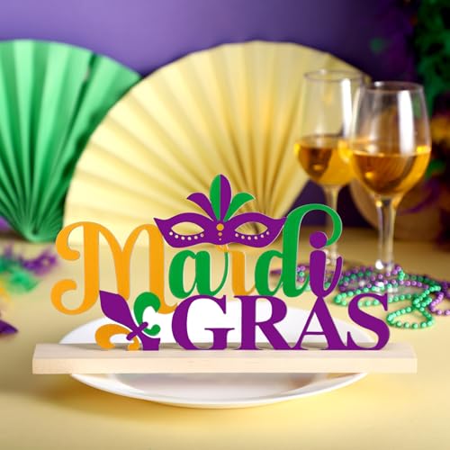 Roowest 2026 Metal Mardi Gras Table Sign Decor Centerpiece with Wood Base - style: Mardi Gras