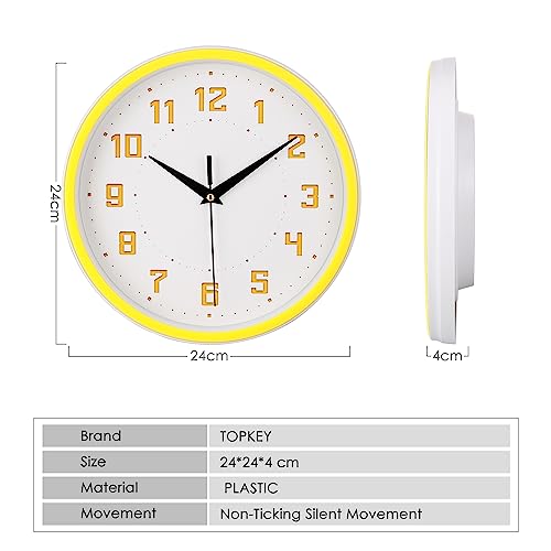 Topkey Silent Round Wall Clock Kitchen 9 Inch Modern Style Non-Ticking Decorative Bedroom Office Study Room Kitchen Wall Clock- Lemon Yellow - color: Lemon Yellow