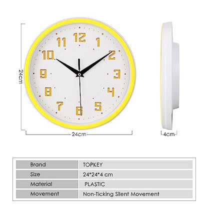 Topkey Silent Round Wall Clock Kitchen 9 Inch Modern Style Non-Ticking Decorative Bedroom Office Study Room Kitchen Wall Clock- Lemon Yellow - color: Lemon Yellow