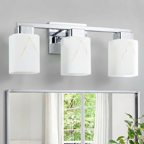 3-Light Square Bathroom Light Fixture, Chrome Modern Vanity Light with White Marble Glass Shade, for Bathroom Mirror, Living Room, Bedroom, Hallway, E26 Base - color: Chrome, size: 3-Light