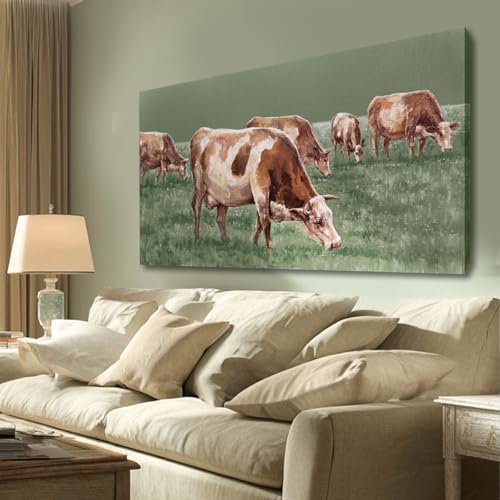 Hue7Art Brown Cattle Canvas Wall Art Rustic Farm Living Room 24x48 Inch - color: Green and Brown, size: 48"L x 24"W