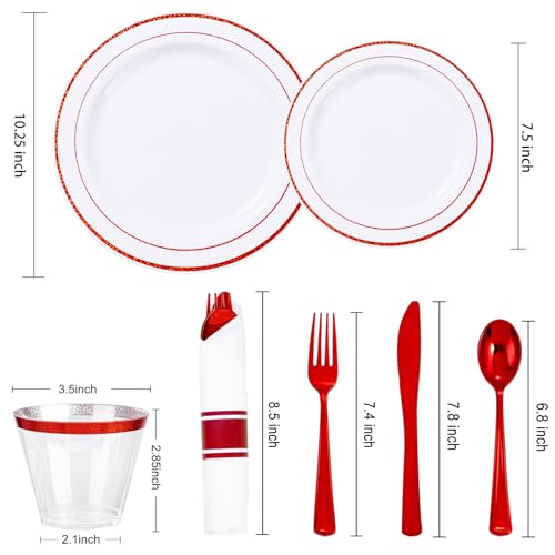 WELLIFE 350-Piece Red Plastic Party Dishware Set - 50 Dinner Plates, 50 Dessert Plates, 50 Cups, 50 Plastic Cutlery - color: Red, style: 350PCS（50 Guests）