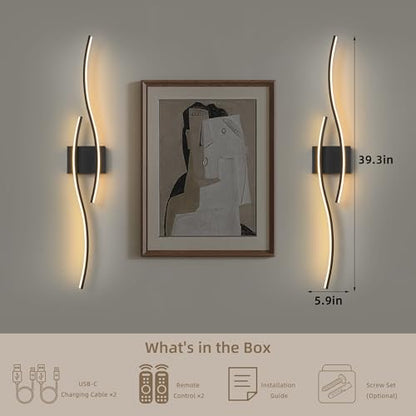 Wireless Wall Sconces Set of Two, Dimmable, 3CCT, Up to 65H Runtime - color: Black, size: 39.3 inches (2 Pack)