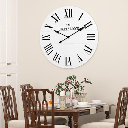 ARTPOWER 35.5" Extra Large Farmhouse Wall Clock,Solid Wood Veneer,White - color: White, size: 35.5"W x 35.5"H