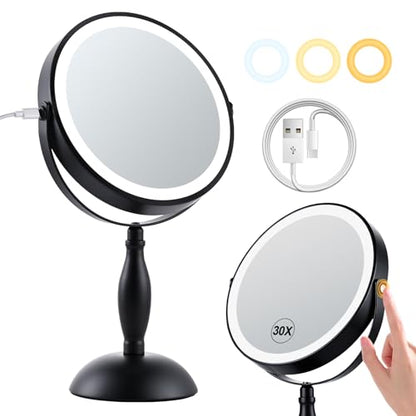 30X Magnifying Mirror with Lights-Matte Black 8" Dual Sided - color: Matte Black
