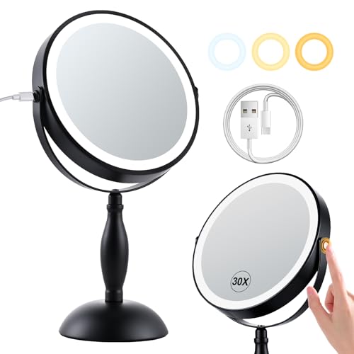 30X Magnifying Mirror with Lights-Matte Black 8" Dual Sided - color: Matte Black