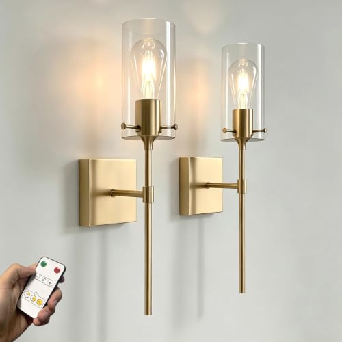 Battery Operated Wall Sconce Set of 2,Gold Rechargeable Wall Lights | 8000mAh Dimmable Bulbs and Remote, Warm 3000K Wireless Wall Lamps for Bedroom Living Room Hallway Decor - color: Light Gold