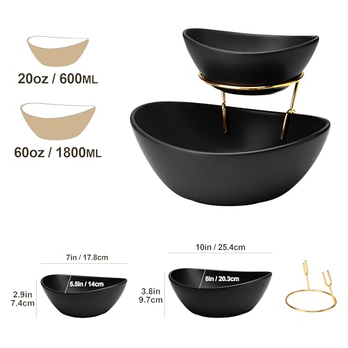 MALACASA 2 Tier Chip and Dip Serving Set with Metal Stand,Ceramic Appetizer Bowls for Party, Multi-Use Food Display for Fruits, Snacks,Black Elegant Tiered Serving Dishes for Party - color: Black
