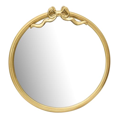 15.75" Gold Bow Decorative Round Mirror, Metal Frame Hanging Circle Mirror, Wall Mounted for Entryway, Bathroom, Vanity, Living Room
