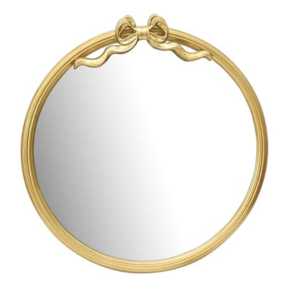 15.75" Gold Bow Decorative Round Mirror, Metal Frame Hanging Circle Mirror, Wall Mounted for Entryway, Bathroom, Vanity, Living Room