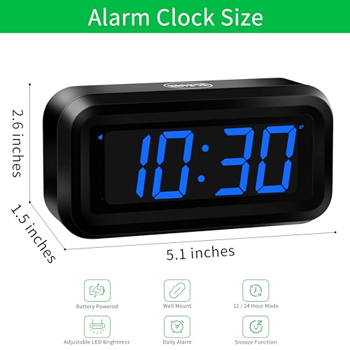 KWANWA Small Digital Alarm Clock, 1.2inch Dark Blue LED Digits, Adjustable Brightness, Dim Night Model, 12H/24H, Battery Operated, Wall Mount, Snooze, Clock for Kids Bedroom, Small Travel Clock - color: Black Case-dark Blue Led