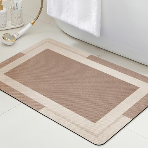 ACCUMTEK Non Slip Bath Mat, Thin Bathroom Rugs Fit Under Door, Quick Dry Bath Mats, Machine Washable Bath Rugs for Bathroom, Bathtub & Kitchen, Bathtub, Light Brown/Bordered/32 x20 - color: Light Brown, size: 1'8" x 2'8" (Rectangular)