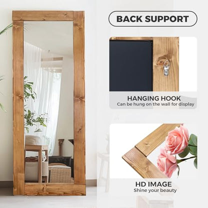 65x24in Full Length Mirror, Solid Wood Convex Frame, Light Brown - color: Light Brown-convex Frame, size: 65"L x 24"W