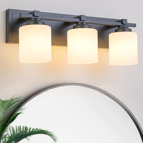 Modern Bathroom Light Fixtures Over Mirror, Vanity Lights for Bathroom Wall Sconces with Milky White Glass Shades, E26 Socket (Bulbs Not Included), 3 Light, Black - color: Black, size: 19.68 inch-3-Light