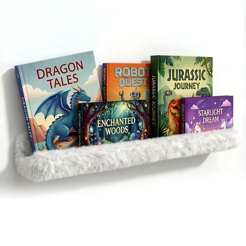 1PC Plush Bookshelf for Kids, Soft Hanging Wall Book Display Shelf - color: 24in-furry White