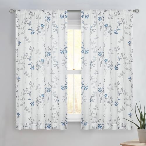 Beauoop Floral Linen Semi Sheer Curtains Living Room Blue Grey 50x54 2 Set - color: Rod Pocket | Blue and Grey, size: 50"W x 54"L (Pack of 2)