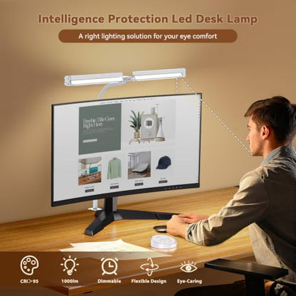 Pzloz Led Desk Lamp with Clamp: Architect Desk Lamp for Home Office, Eye Caring Double Head Computer Monitor Work Desk Light with Remote Control - 24W Flexible Dimmable Desktop Table Lamp White - color: Light White