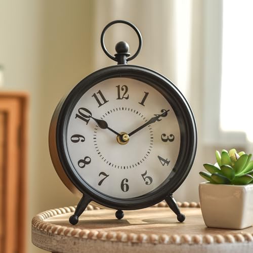 Vintage Non-Ticking Black Table Clock with Stand, Decorative Clock for Desk and Shelf, Rustic Farmhouse Style Mantel Timepiece - color: Black, size: 8.7"H