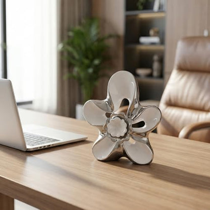 Ceramic Statue Home Decor Aesthetic Abstract Flower Sculpture - color: White and Silver