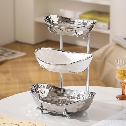 XUDREZ 3 Tier Fruit Bowl with Metal Stand for Kitchen Counter, Ceramic White Gold Silver, Tiered Fruit Basket for Nuts, Snacks, Bread, Candy Storage (Silver) - color: Silver