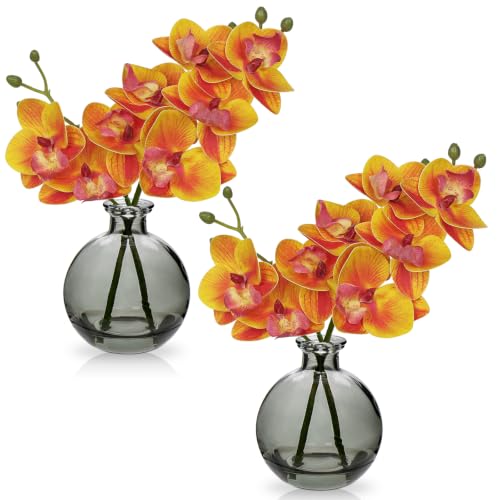 Yellow Orchids Artificial Flowers Faux Orchid Arrangement with Glass Vase - color: Orangey Yellow/Black Vase
