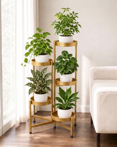 Bamworld Plant Stand Indoor Outdoor 5 Tier Corner Plant Shelf Metal Holder - color: Gold, size: 5 Tiers