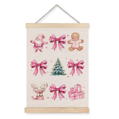 Coquette Pink Christmas Bow Gingerbread Wall Art, 12x16 Inch, With Wooden Poster Hanger for Home Office - color: Christmas Pink Bow, size: 12x16