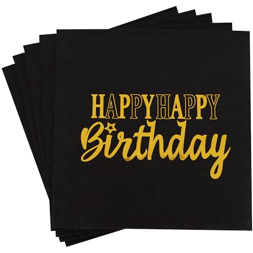 Vuzvuv 52 Pack Funny Happy Happy Birthday Cocktail Napkins with Gold Stamping - Birthday Party Dinner Hand Napkin for Party Supplies Decorations Table Decor for women man(5" Folded 3 Ply-Black) - color: Happy HBD Black
