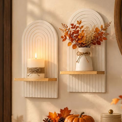 Boho Wall Candle Holder Set of 2 with White Arched 3D Design - color: White