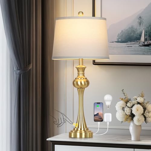 Cinyirong 28.75" Gold Table Lamps Modern 3-Way Touch Control Dimmable Bedside Lamp with USB A+C Ports & AC Outlets for Living Room Bedroom Nightstand Lamp (Bulb Included) - color: 1Pack-Gold