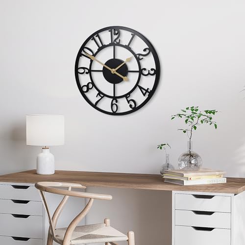 Wall Clock Battery Operated,Silent Non Ticking Modern Rustic Metal Small Clocks for Living Room/Bedroom/Office/Kitchen/Farmhouse Home Decor-12IN(Arabic Number-Black) - size: 12 Inch