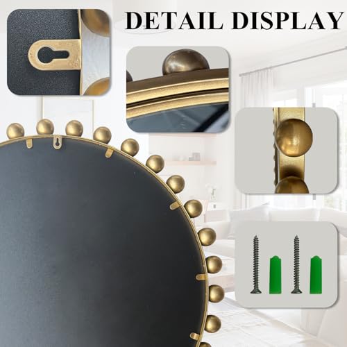30 inch Gold Round Mirror, Antique Decorative Wall Mirror with Ornate Beaded Frame, Large Circle Vanity Mirror for Bathroom, Living Room, Bedroom, and Entryway