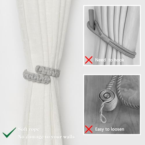 NICEEC 2 Pack Natural Cotton Rope Curtain Tiebacks Farmhouse Rustic Style Decorative Drape Tie Backs Handmade Braided Curtain Holdbacks for Home & Office Sheer/Light Weight Drapery (C-Light Grey-S) - color: Light Grey-small, size: 2 Pack