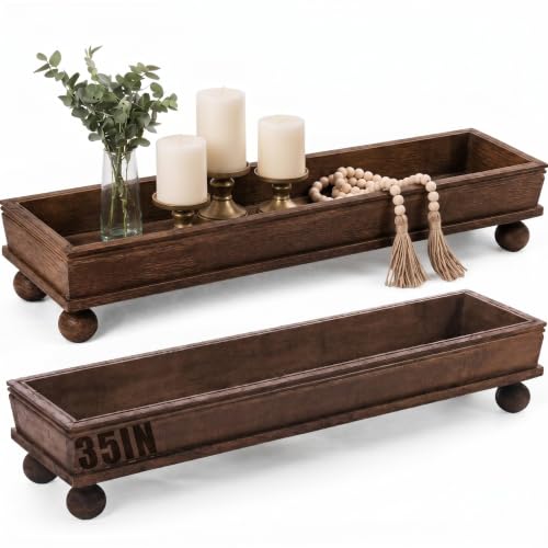 35.5 Inch Long Wooden Decorative Tray with Riser for Table Centerpiece