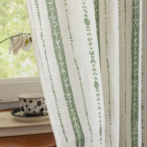 Green Boho Linen Curtains for Living Room 63 Inch Length 2 Panels - color: Green, size: 52"W x 63"L (Pack of 2)