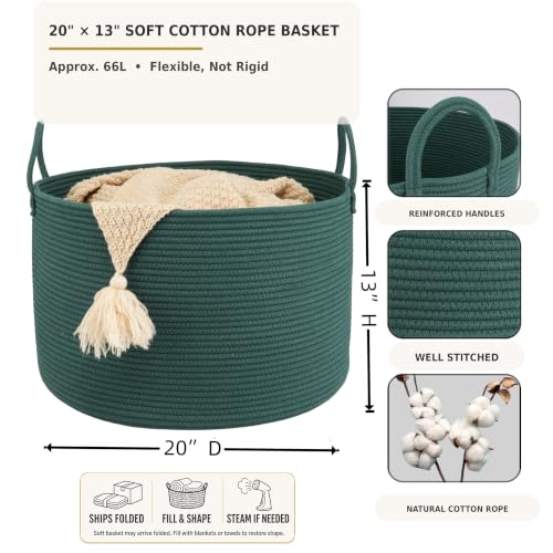 XUANGUO 66L Large Blanket Basket, Round Cotton Rope Basket, Dark Green - color: dark green