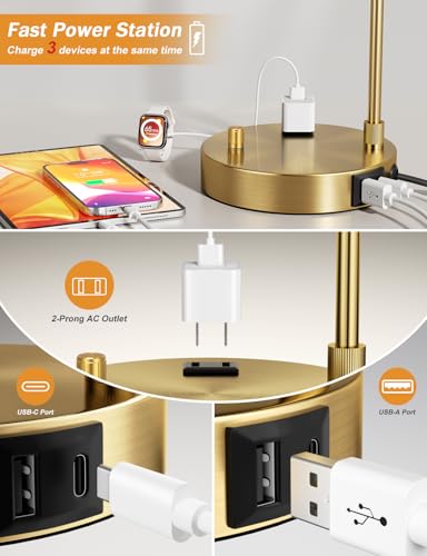20.7" Gold Table Lamp with USB & Outlet, Fully Dimmable Nightstand Lamp - color: D-White Shade& Gold Base