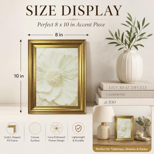 yByCute White Floral Wall Art, Gold-Tone Framed Canvas, 8 x 10 Inches