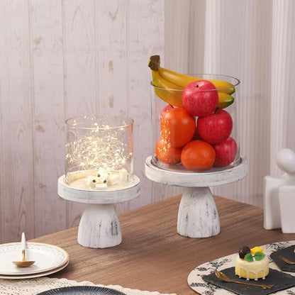 7" Wide Farmhouse Glass Hurricane Candle Holder & Glass Vase with Distressed White Sturdy Solid Wooden Base for Pillar & Flower Arrangement, Terrarium, Centerpiece, Console Table, Dining Table, Mantel - color: Rustic White, size: 7"x10"