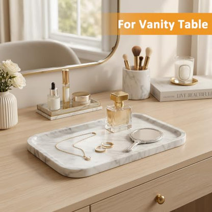 Marble Bathroom Tray, Rectangular Marble Tray with Non-Slip Base - color: Greyish White